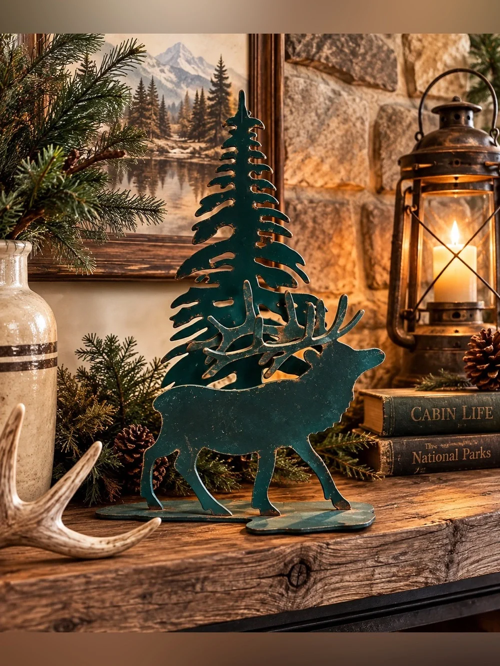 Vintage Metal Deer Pine Tree Woodland Decor Green Rustic Wall Tabletop Art